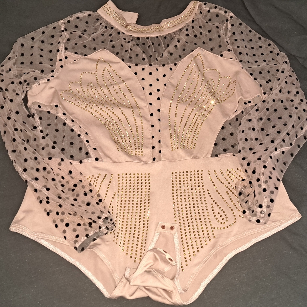 Sheer body suit--tan with black polkadot and gold sequence.